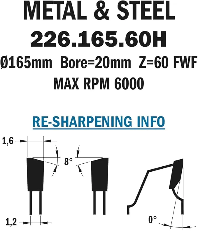 Lama Circolare per materiali Ferrosi-PVC HW 165 x 1.6 / 1.2 x 20 Z60 FWF