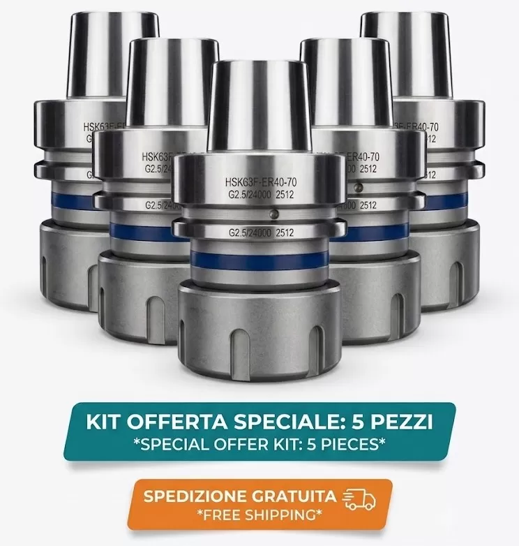 Set di  5 Mandrini Portapinze HSK - 63F per pinze ER40 con ghiera di bloccaggio senza cuscinetto