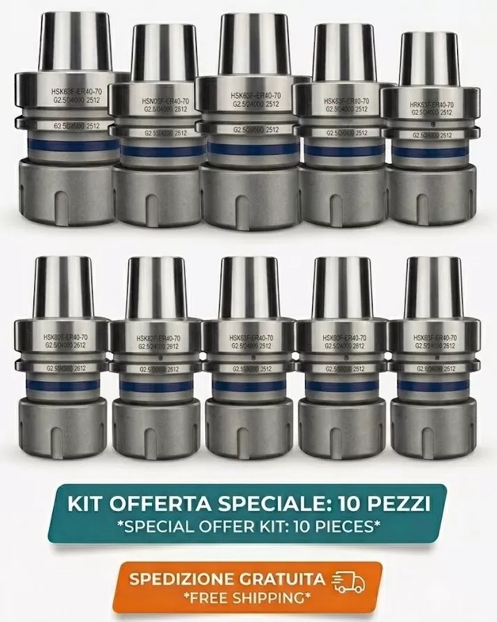 Set di 10 Mandrini Portapinze HSK - 63F per pinze ER40 con ghiera di bloccaggio senza cuscinetto