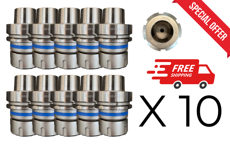 Set di 10 Mandrini Portapinze HSK - 63F per pinze ER32 con ghiera di bloccaggio senza cuscinetto - STARK