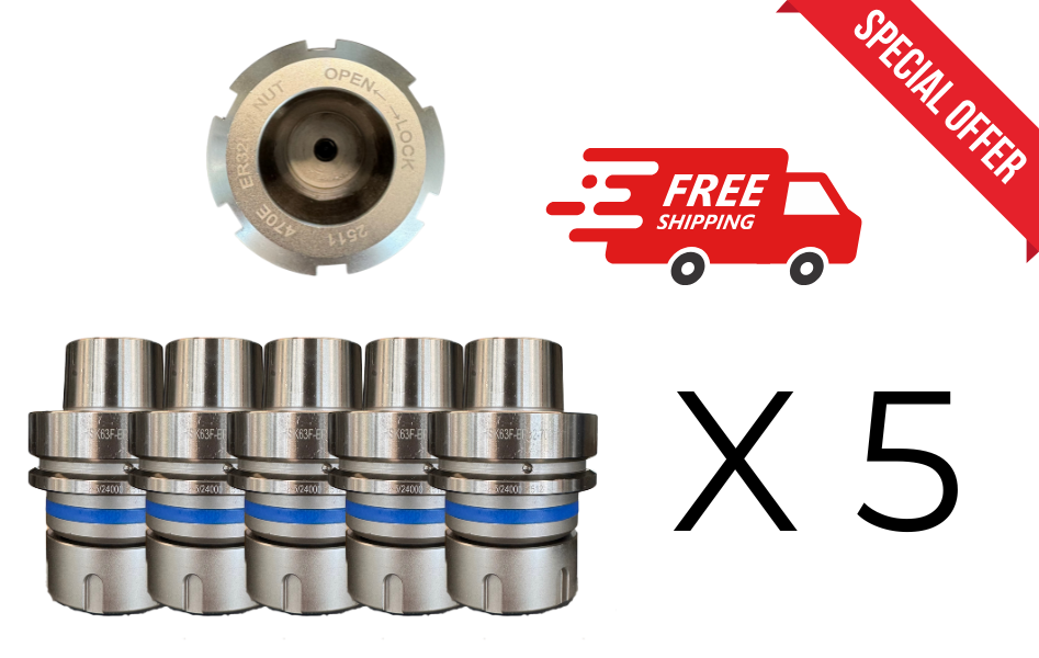 Set di 5 Mandrini Portapinze HSK - 63F per pinze ER32 con ghiera di bloccaggio senza cuscinetto 